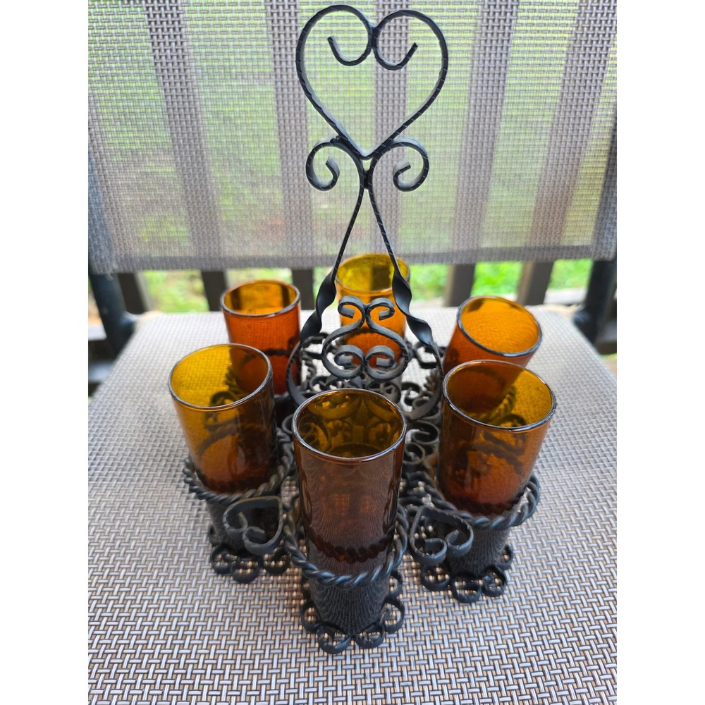 Vintage Spanish Amber Shot Glass Set 6pc Wrought Iron Heart Caddy Made in Spain